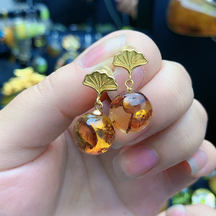 银S925镶嵌琥珀裸石耳坠