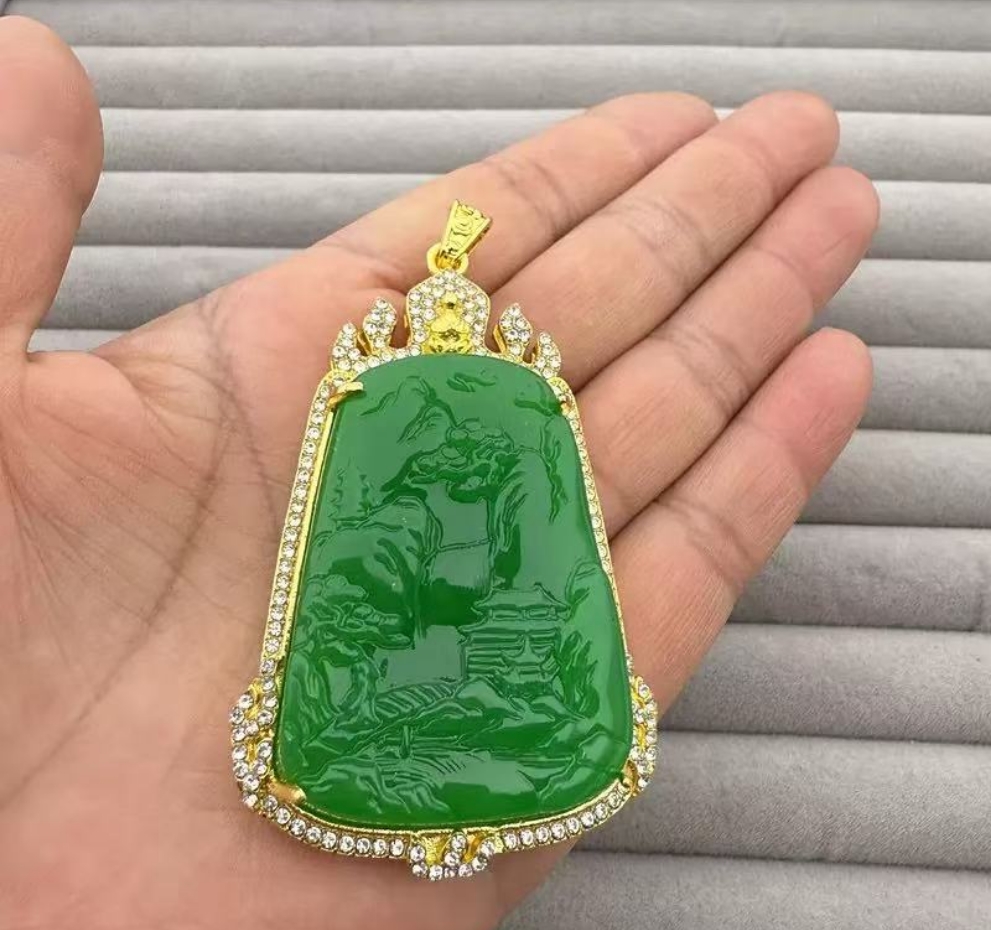 缅A纯正满绿山水牌盆景石