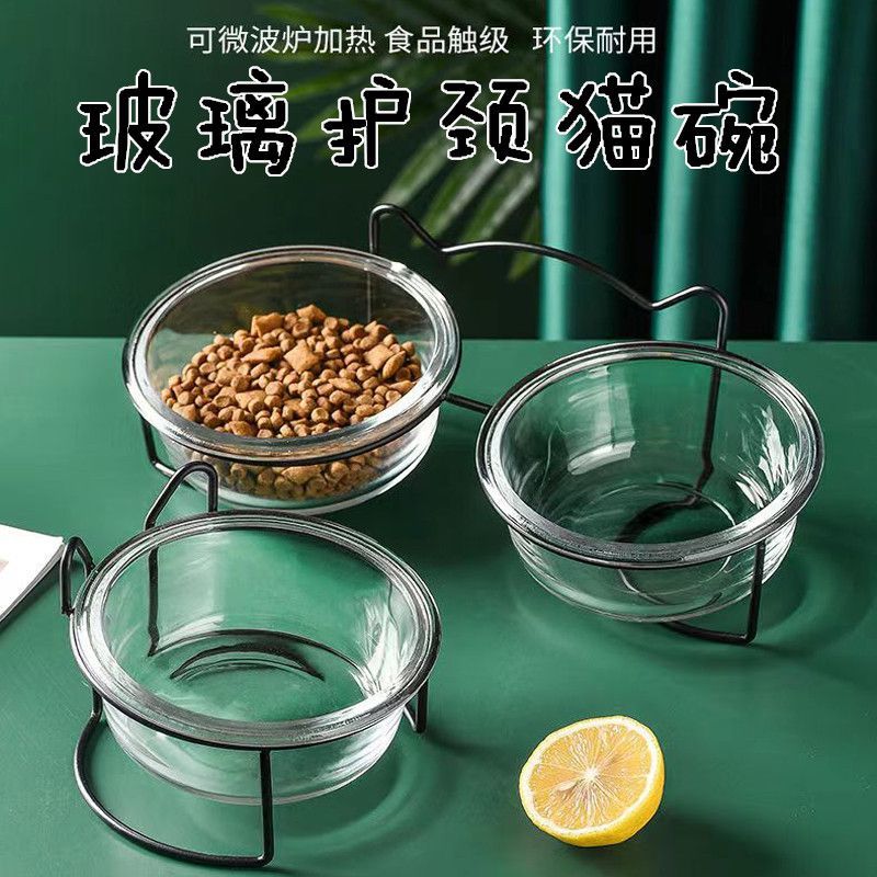 玻璃猫碗双碗斜口打不翻可爱保护颈椎猫食盆猫咪碗猫粮碗猫咪用品