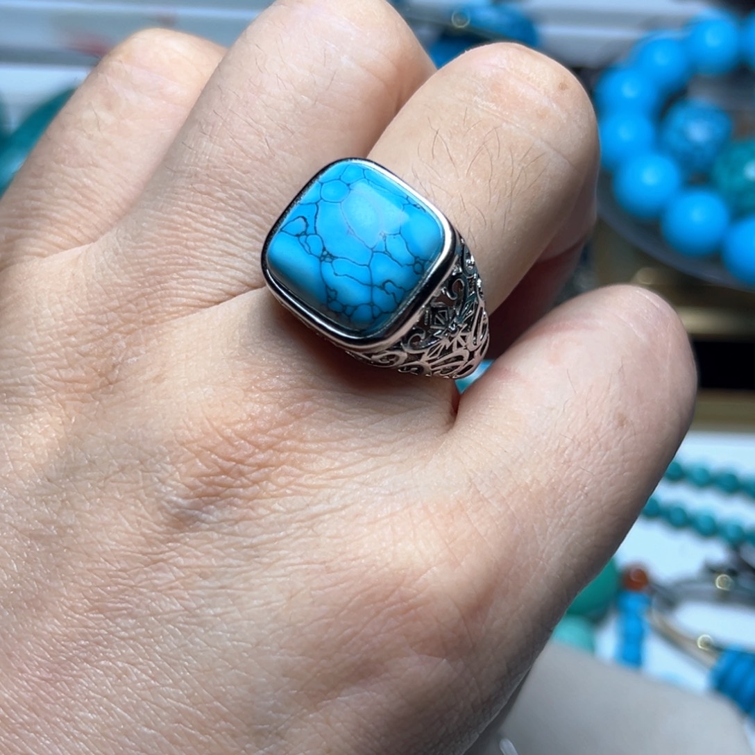 蓝花方戒活扣可调节尺寸14.7