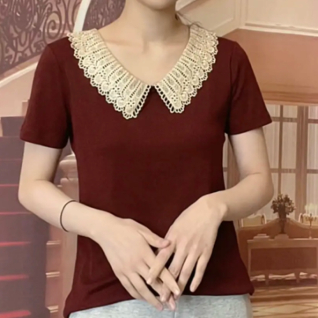 宽松型短袖常规款刺绣少女风T恤休闲打底衫百搭时尚设计感v领