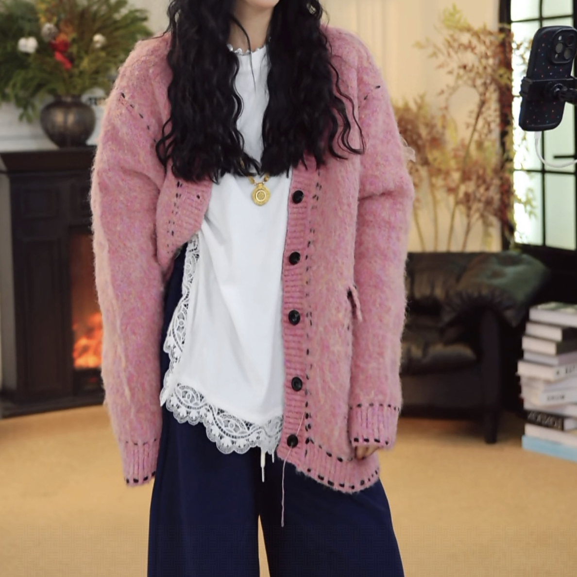 大萍子家 秋冬新款可爱虚线立体宽松针织毛衣1432