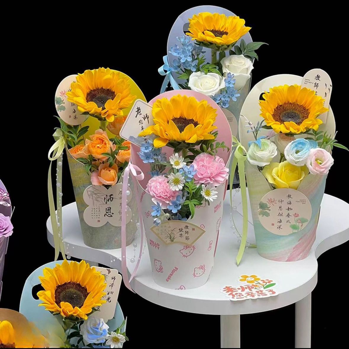 教师节新品向日葵花束手提花盒送老师盆栽鲜花包装盒花店插花礼盒