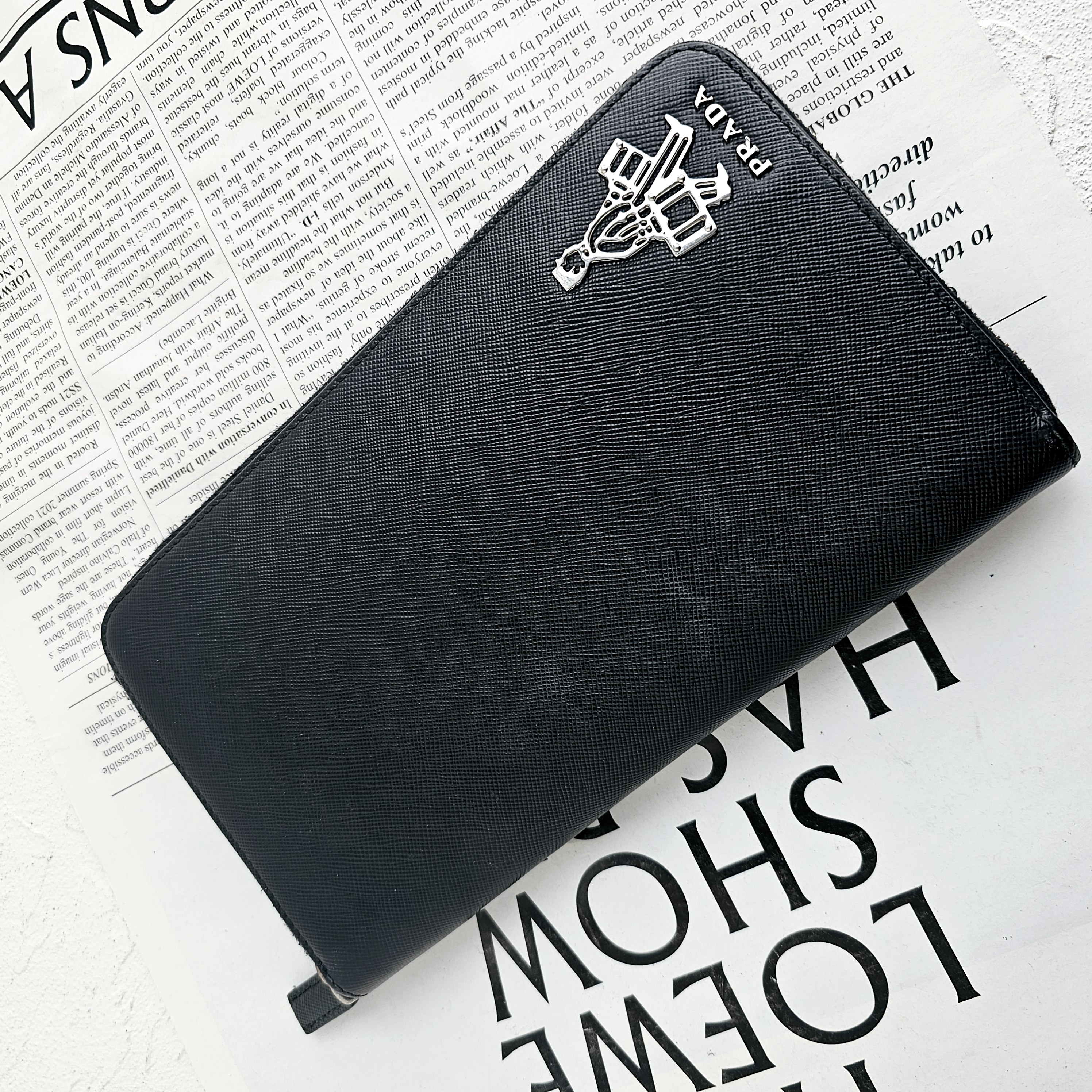 95新 Prada/普拉达 黑色牛皮手拿包钱包/公价5800/GG/12000840