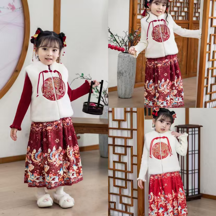 儿童秋冬款套装马面裙明制过年服女童古装汉服加绒加厚拜年服冬季
