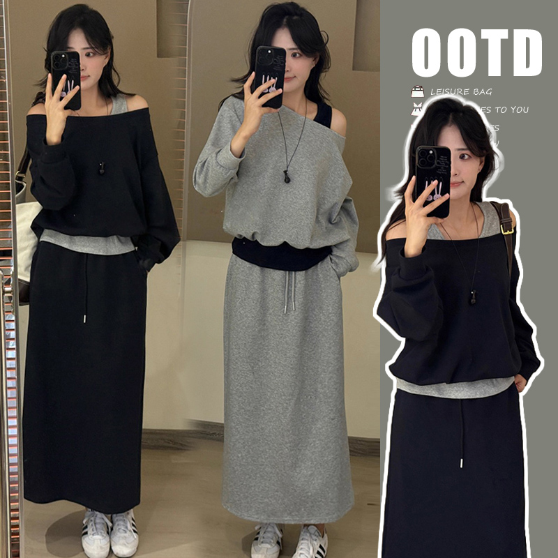 运动卫衣韩系孕妇装女秋装显瘦高腰新款撞色露肩假两件上衣半身裙