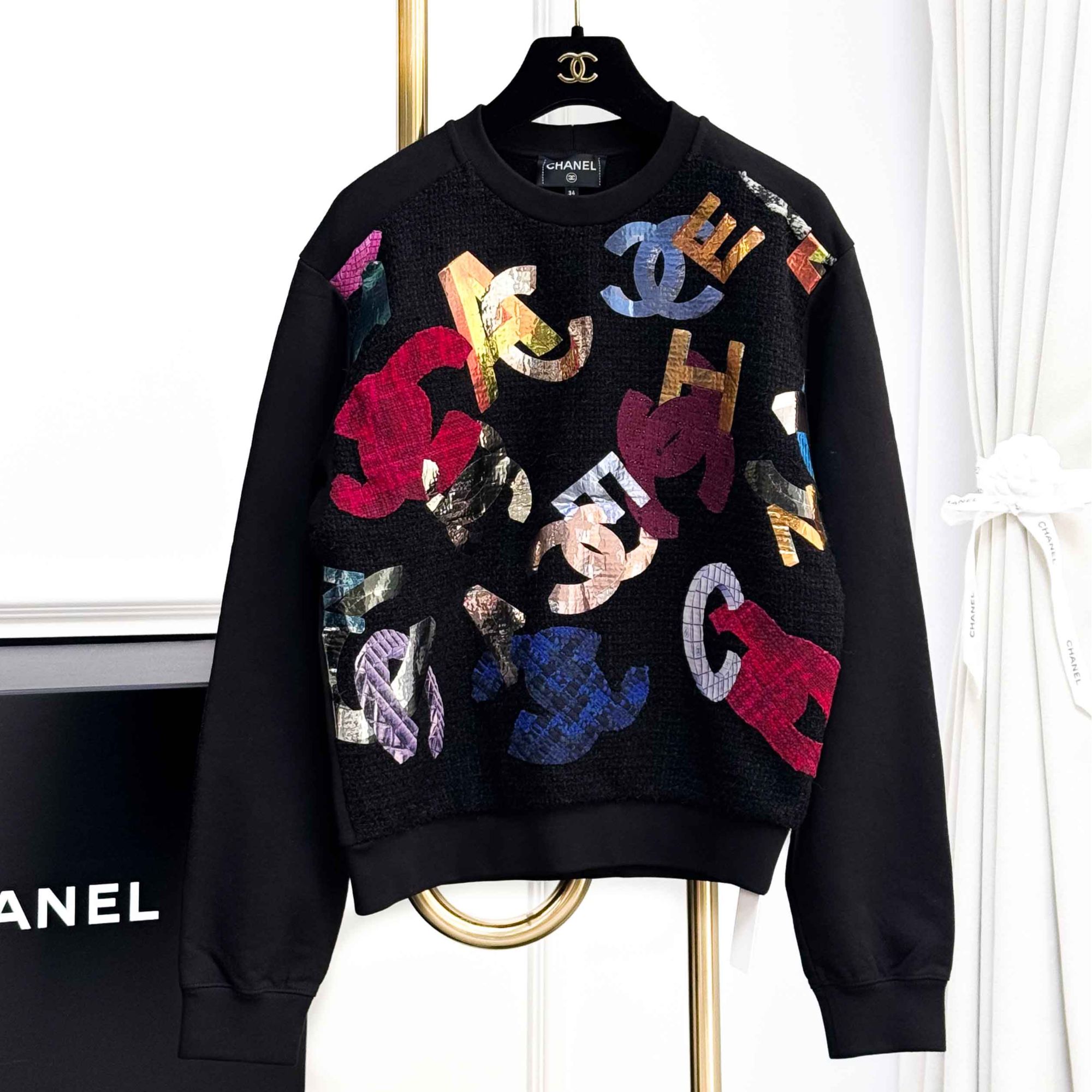 99新 Chanel/香奈儿 34码 黑色拼彩色 字母 长袖 上衣 