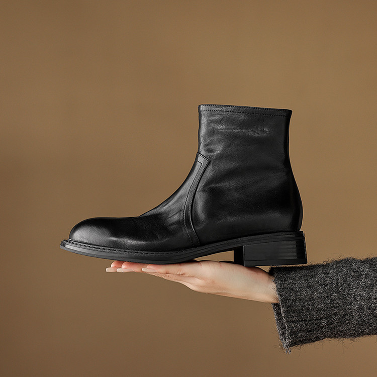 水洗头层牛皮圆头厚底马丁靴2025年冬季韩版粗跟