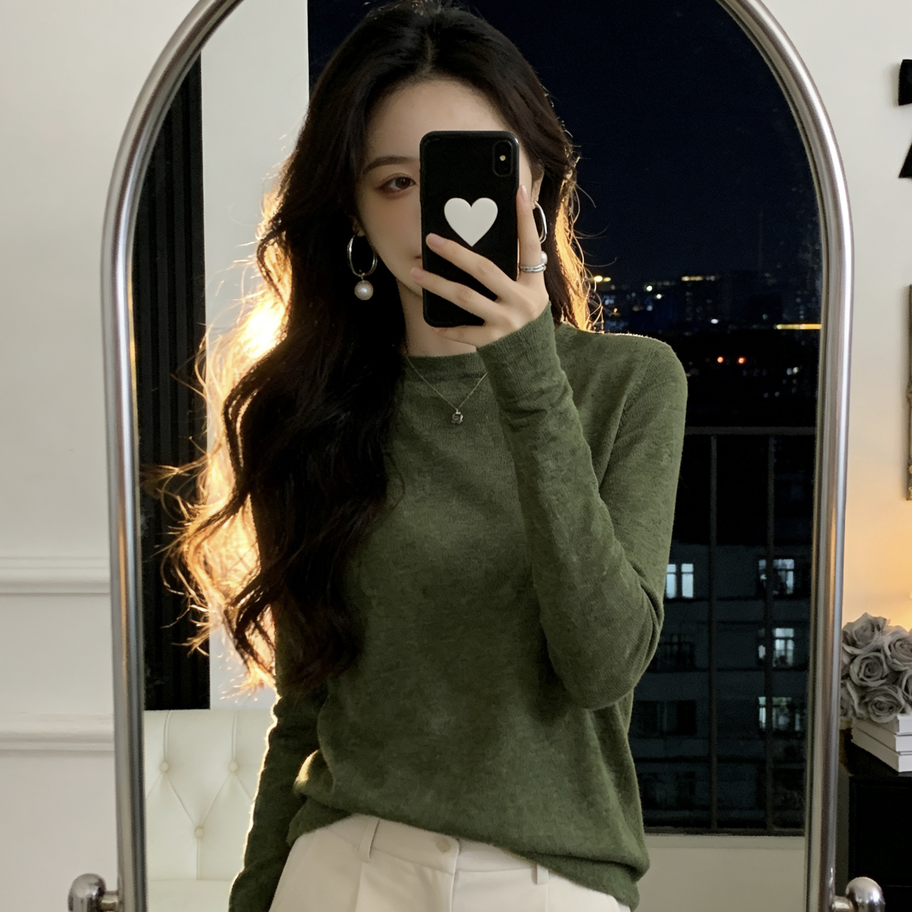 精仿细羊毛针织打底衫女圆领气质通勤长袖套头薄毛衣内搭韩版简约