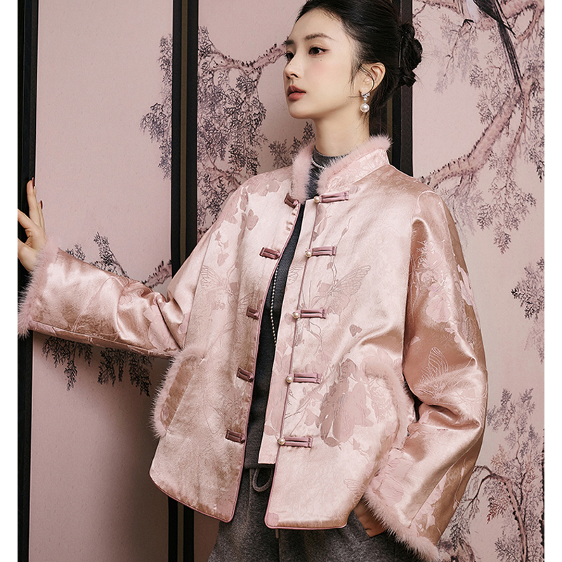 【粉黛】盘扣提花保暖水貂棉袄唐装外套棉衣复古中式国风棉服国潮女
