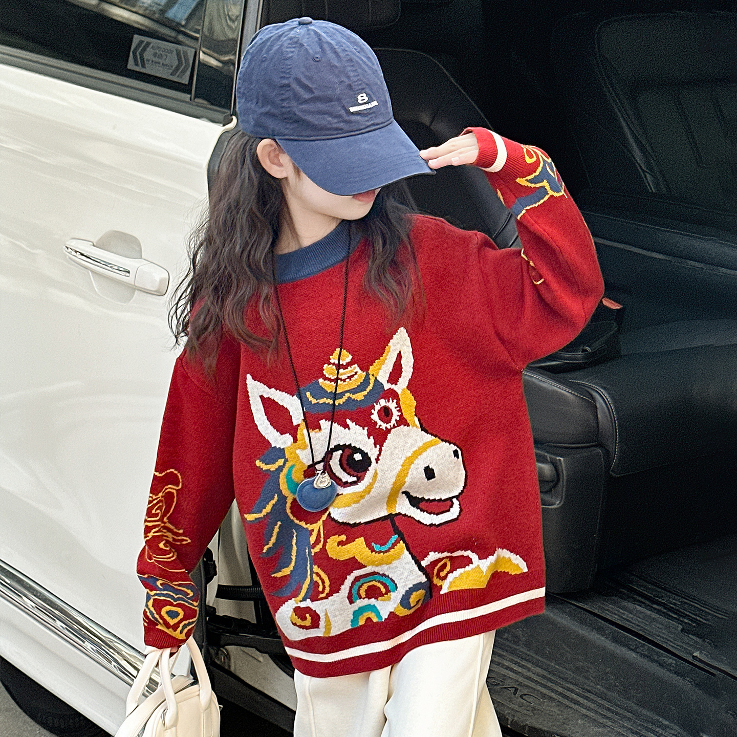 女童本命年小马毛衣加厚保暖红色初中生时尚圆领针织衫儿童打底冬