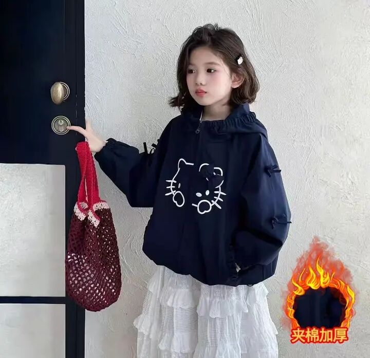 (现货）女童冲锋衣外套中大童秋冬季甜美蝴蝶结连帽卡通夹棉上衣