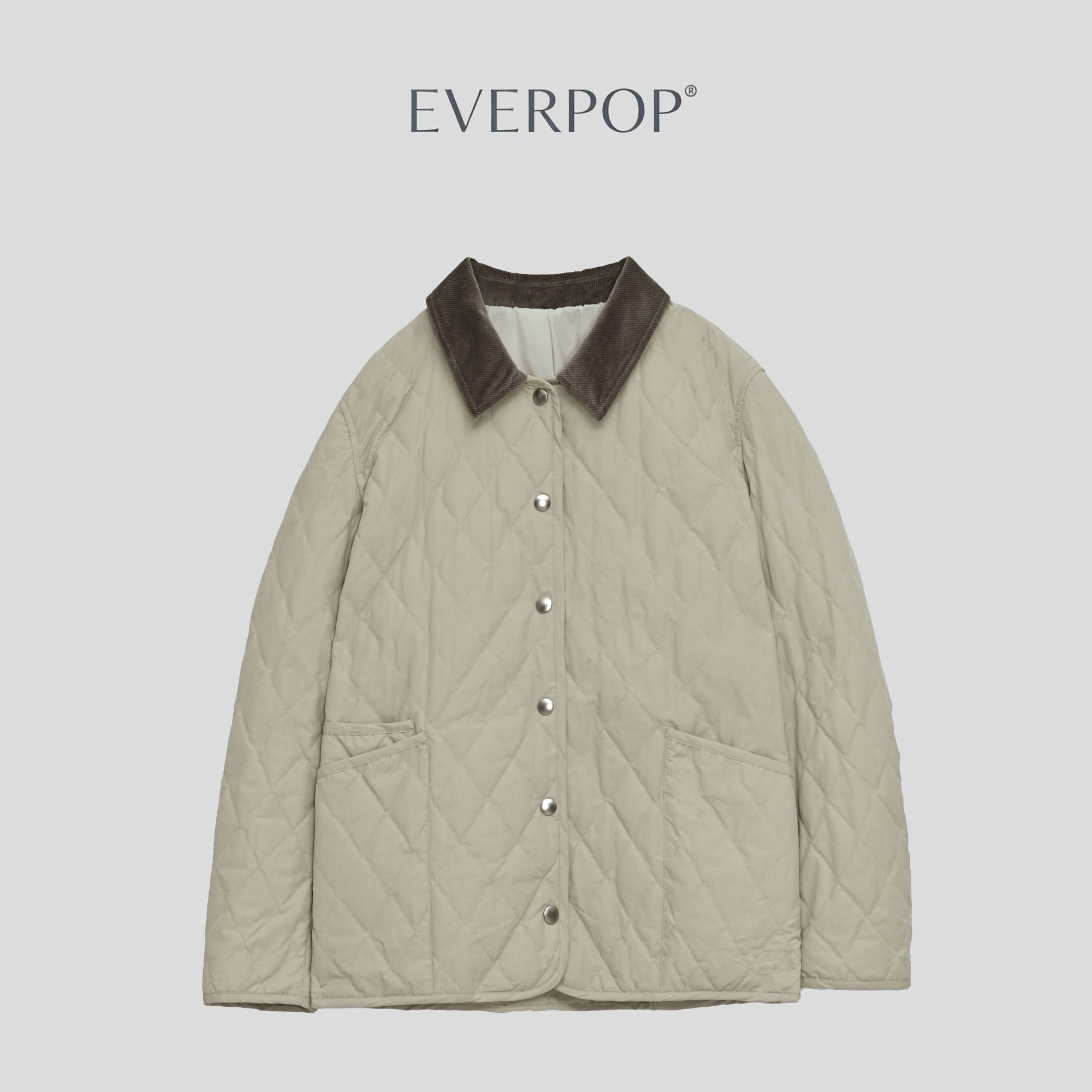 EVERPOP “万能款”90白鹅绒菱格灯芯绒撞色翻领短款-EP2558683