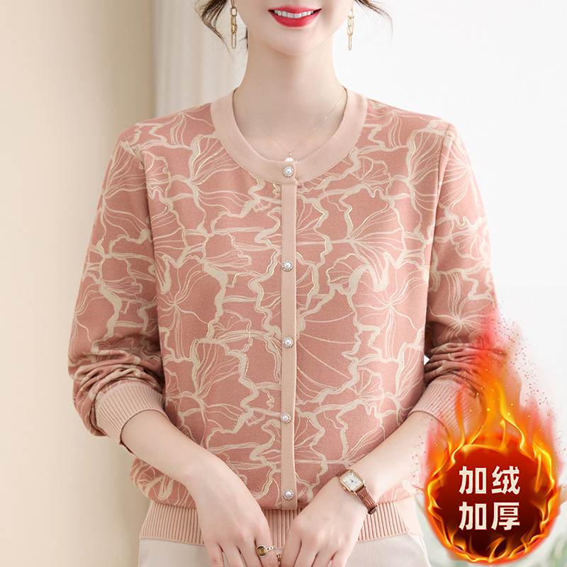 圆领时尚妈妈加绒加厚一体绒中老年女装上衣宽松精致妈妈装打底衫