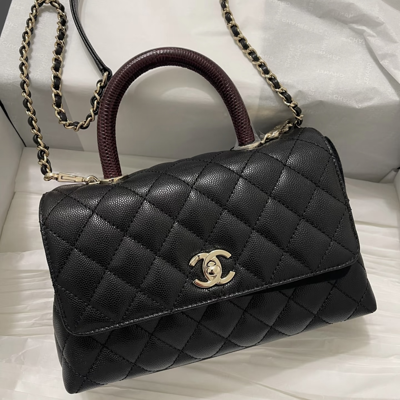 95新 Chanel/香奈儿 青奢荟/憨豆红手柄小号手提包/89680