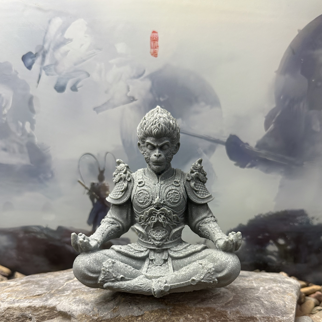 新款冥想悟空 青砂石齐天大圣鱼缸造景禅意茶室庭院茶桌书房装饰