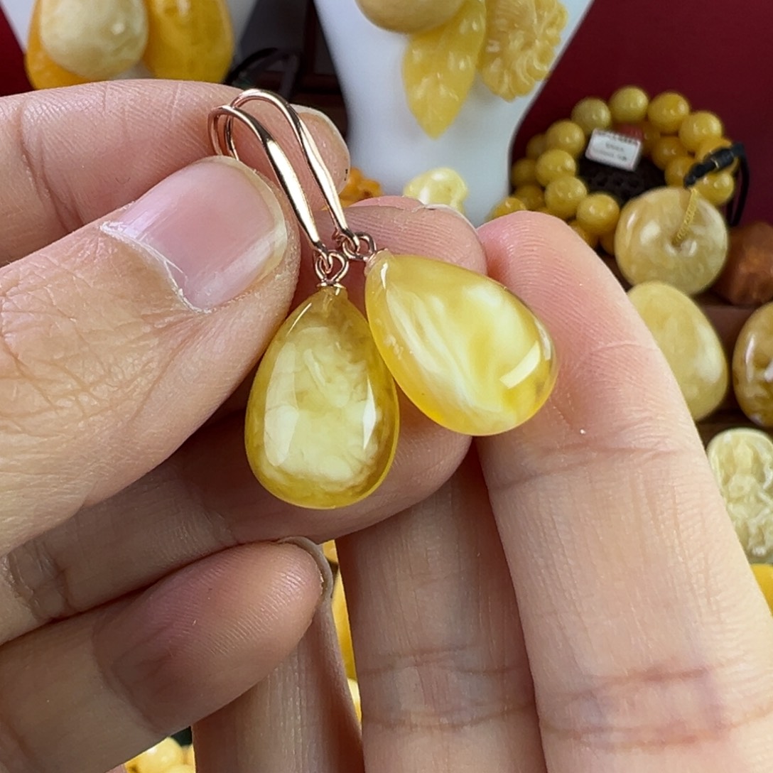 蜜蜡耳饰银S925镶嵌?***…蜜蜡