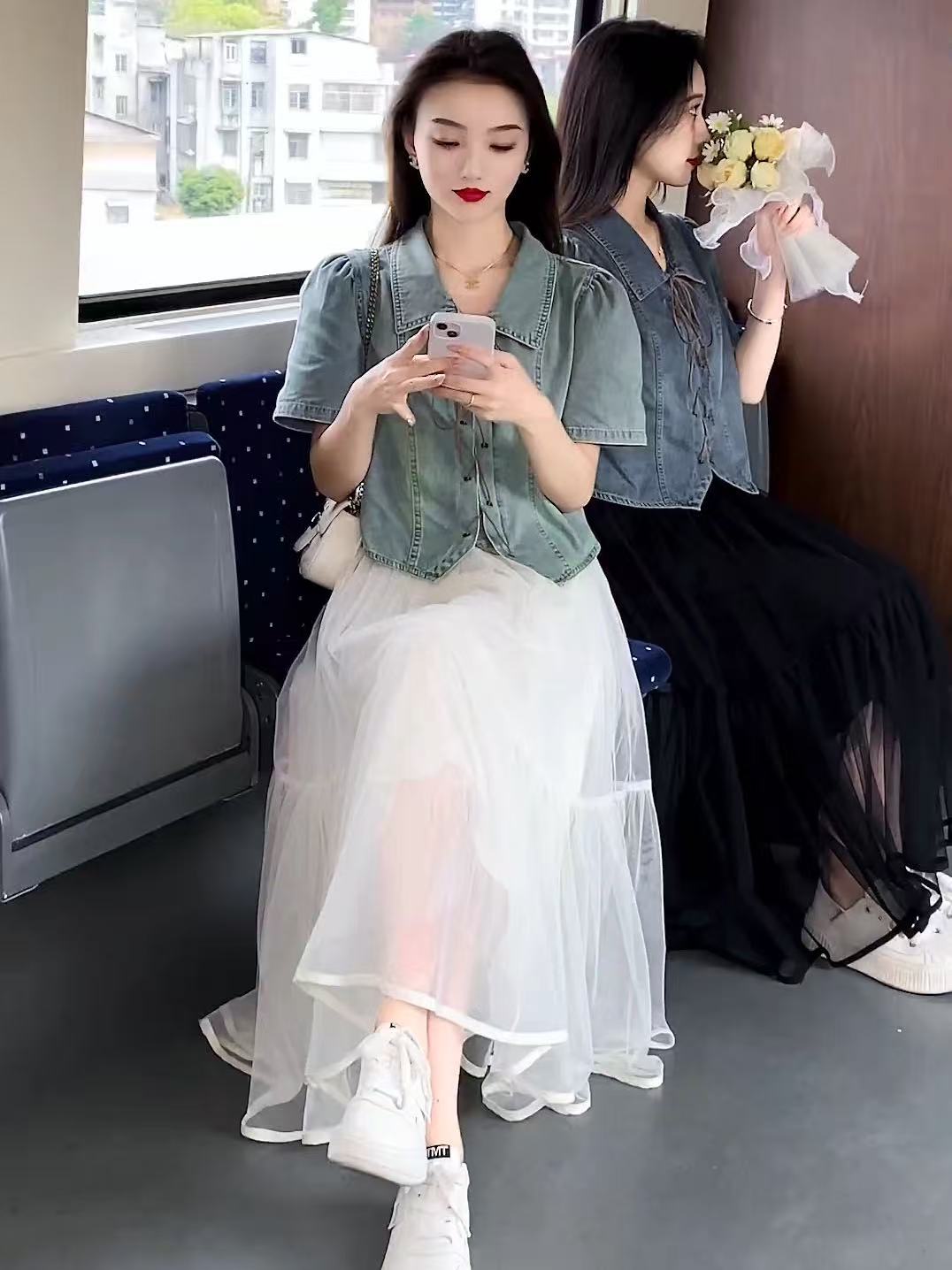 夏季新减龄时尚收腰套装女欧货短袖牛仔外套高腰网纱裙两件套