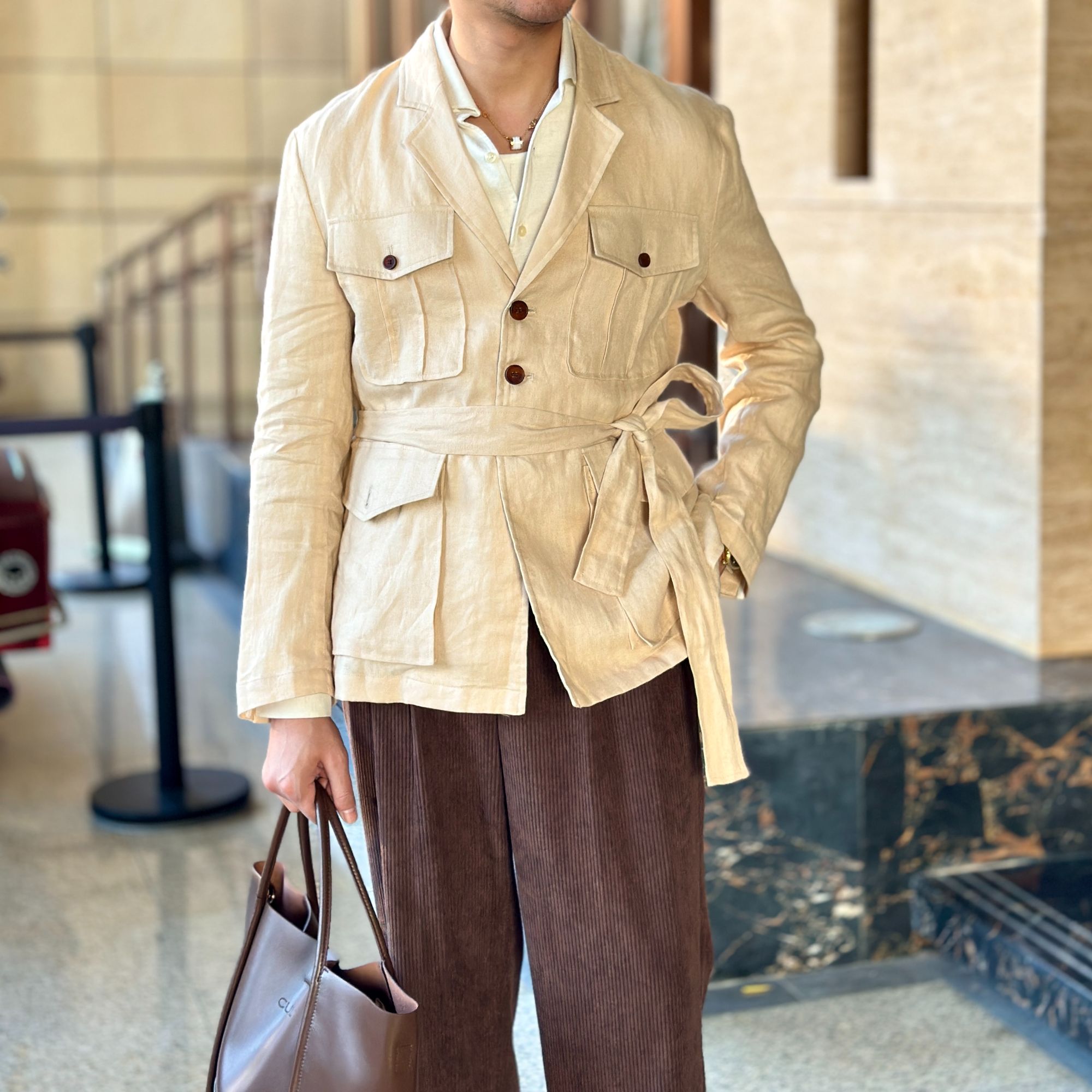 L家春秋意式男士亚麻夹克猎装绅士外套宽松休闲潮流百搭