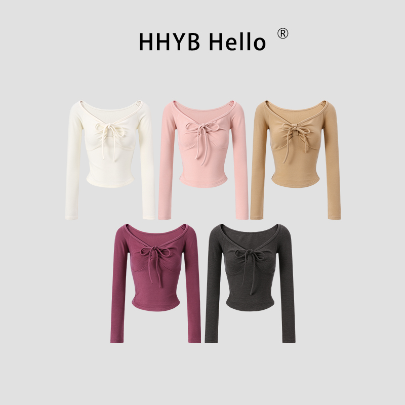 HHYB Hello双面磨毛暖姜纤维收腰打底衫女系带针织上衣250667