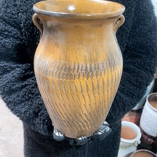 紫砂花盆口20高32，复古色双耳