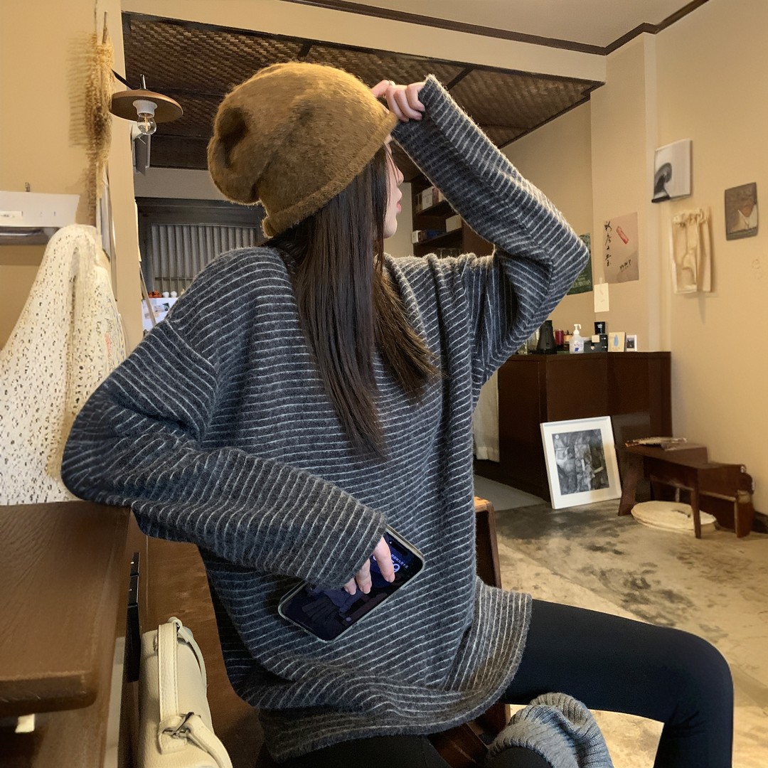 海盐奥利奥慵懒风磨毛绒加厚条纹长袖T恤女2026秋冬宽松打底上衣