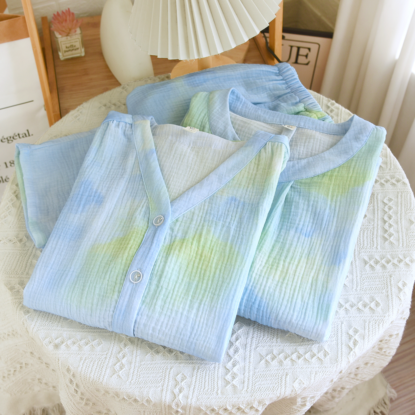 慵懒风~秋季新款女睡衣宽松休闲长袖100%纯棉双层纱布家居服套装