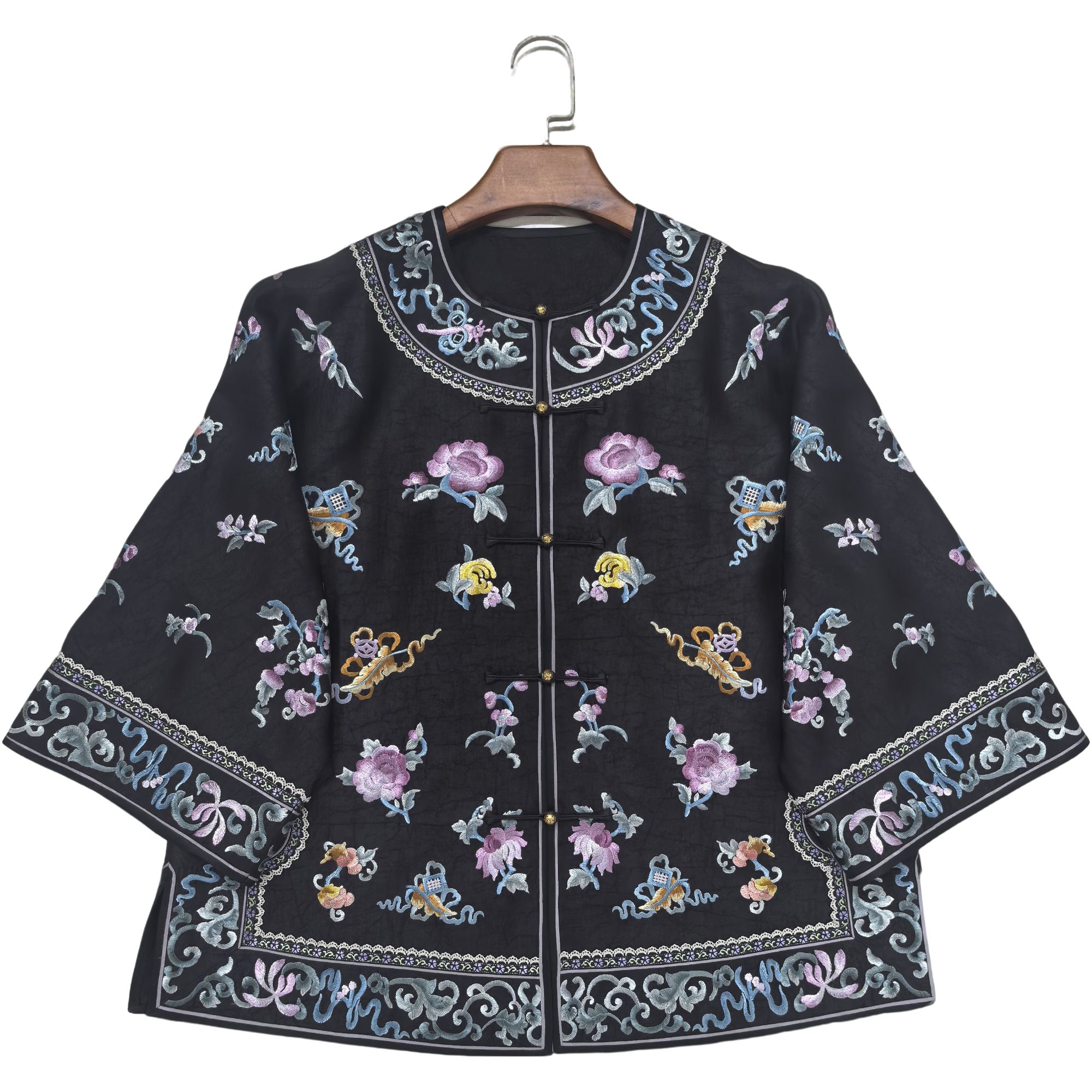 寨优袡【20270】香云纱缎龟手推绣满绣对开襟百搭上衣(宠粉价)