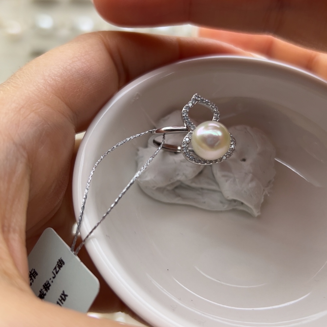 银S925镶嵌戒指海水珍珠7.6mm正圆无暇Ak小灯泡葫芦