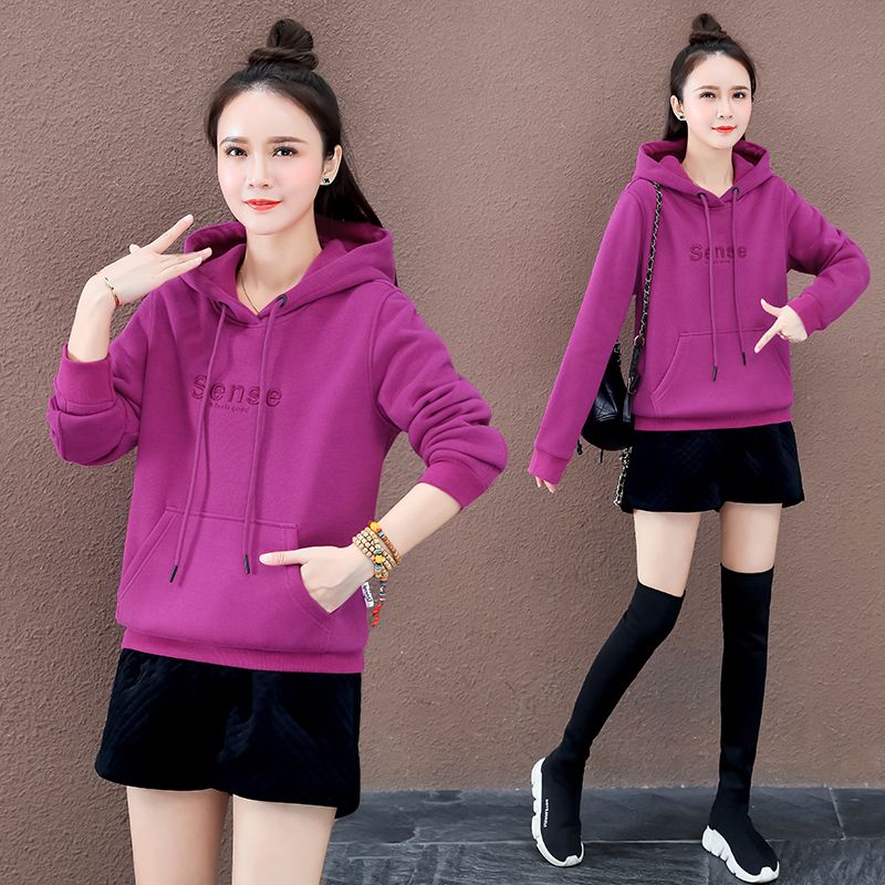加绒加厚卫衣女秋冬季新款韩版宽松连帽时尚休闲洋气刺绣百搭上衣