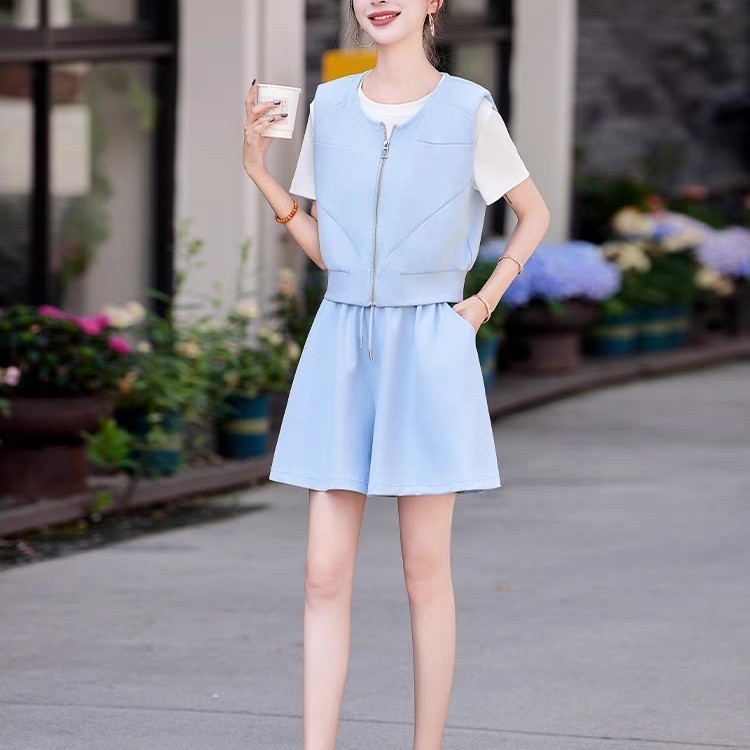 S时尚休闲马甲百搭短袖T恤洋气短裤套装A14766