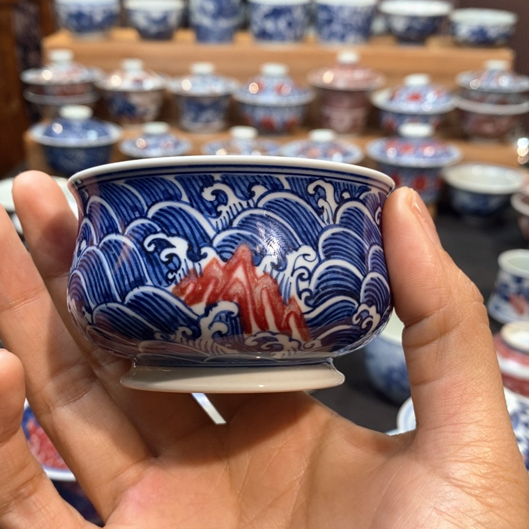 福山寿海炉式杯原矿釉里红柴窑手绘