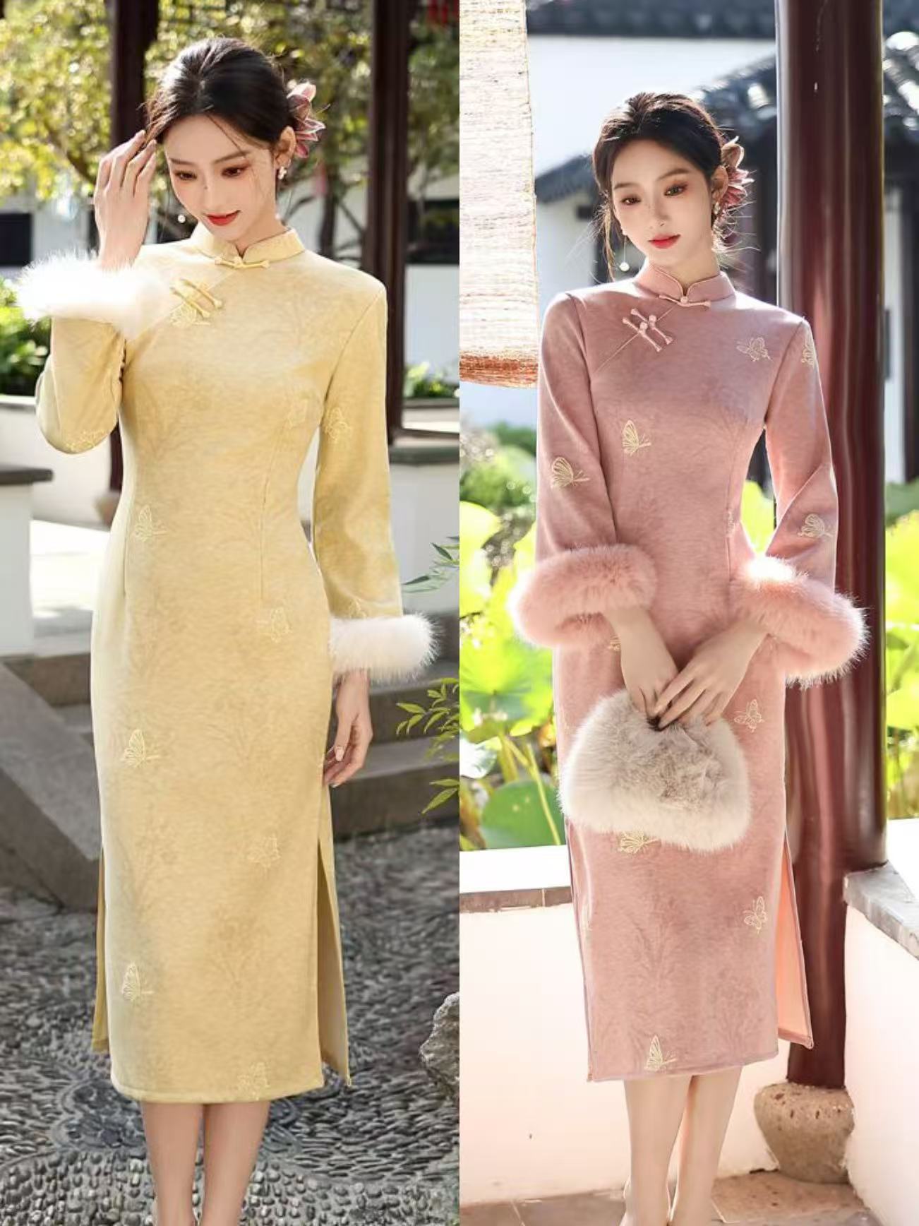 【华夫人】粉黄双色可选仿羊绒有弹力冬季新品气修身质优雅日常旗袍