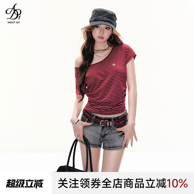 ANDYET AD1宽松领口T恤下摆抽皱红白女韩系衣服短袖复古上衣A103