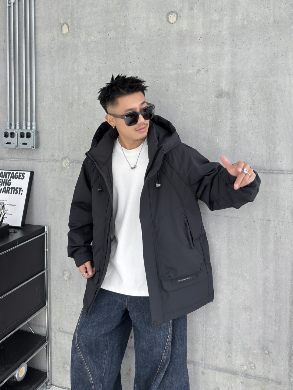 【白鸭绒国标羽绒服】0508中长款冲锋衣连帽宽松羽绒服