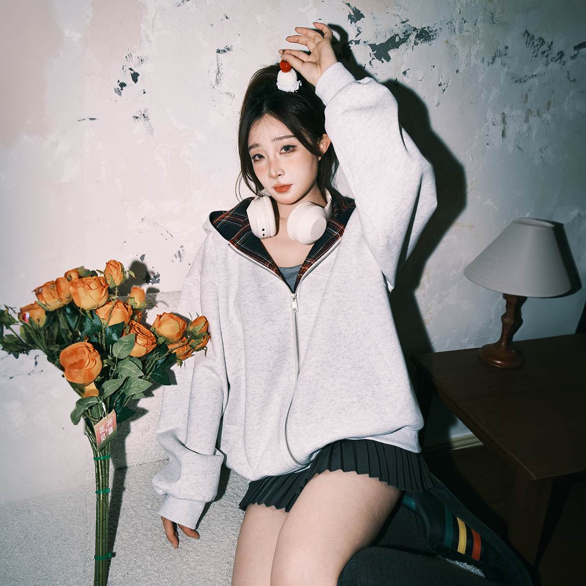 lemanism腊肠狗格子拼接开衫双拉链卫衣男连帽慵懒秋季情侣外套女
