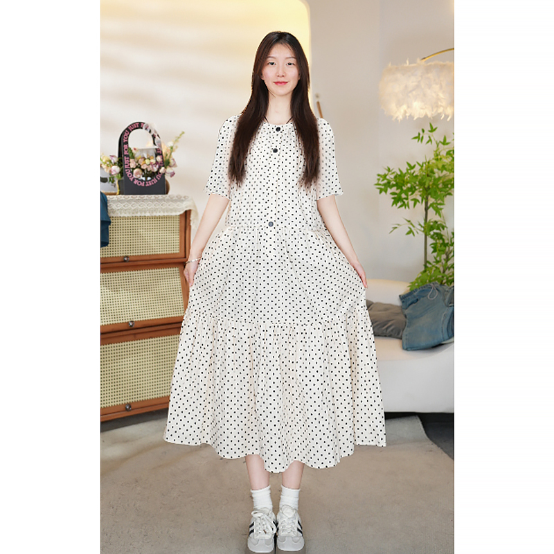 孕妇装连衣裙2025夏季新款法式波点圆领时尚气质连衣长裙