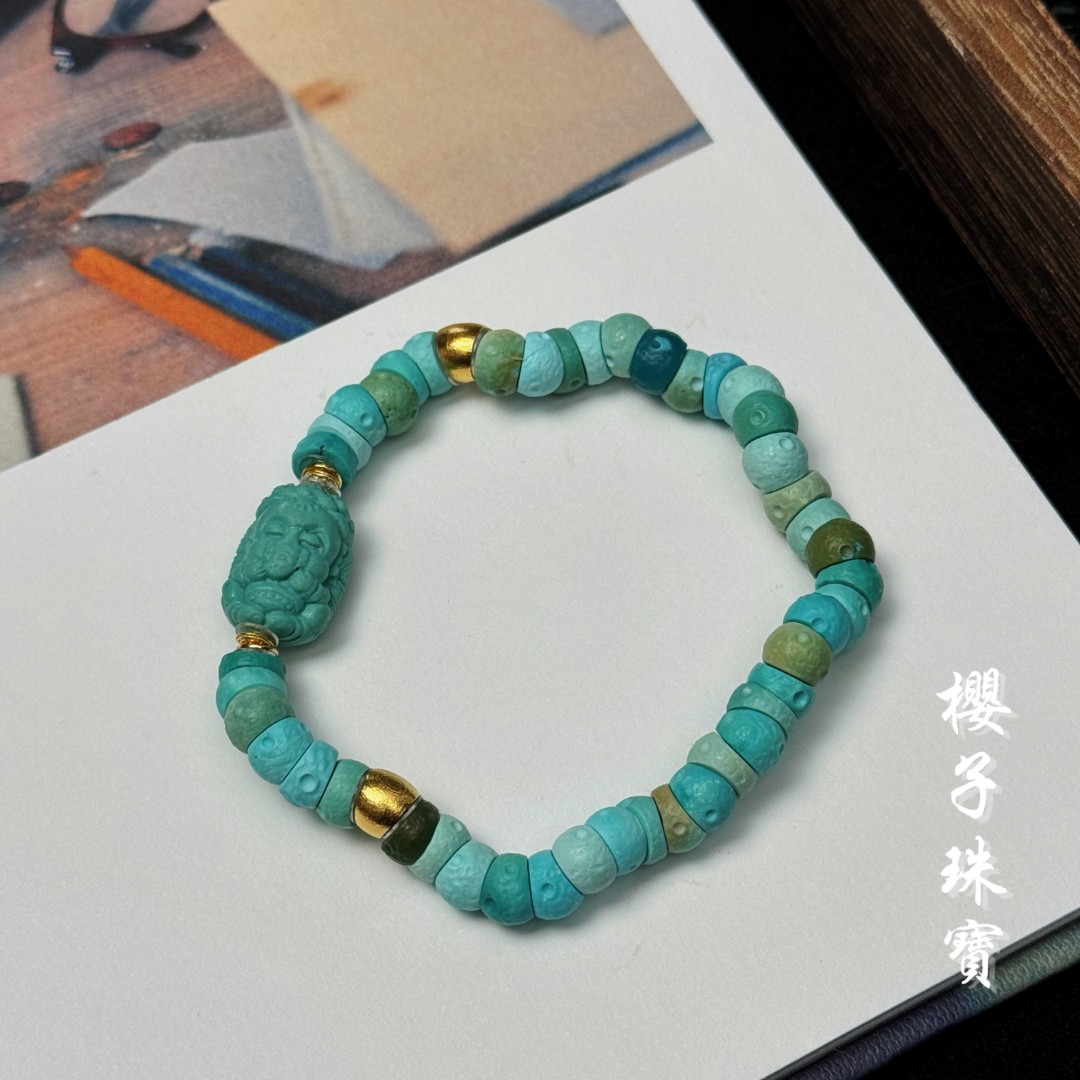 樱子 | 逐风 18K金6.4m原矿绿松大肠象神设计时尚手串*YZLS2252