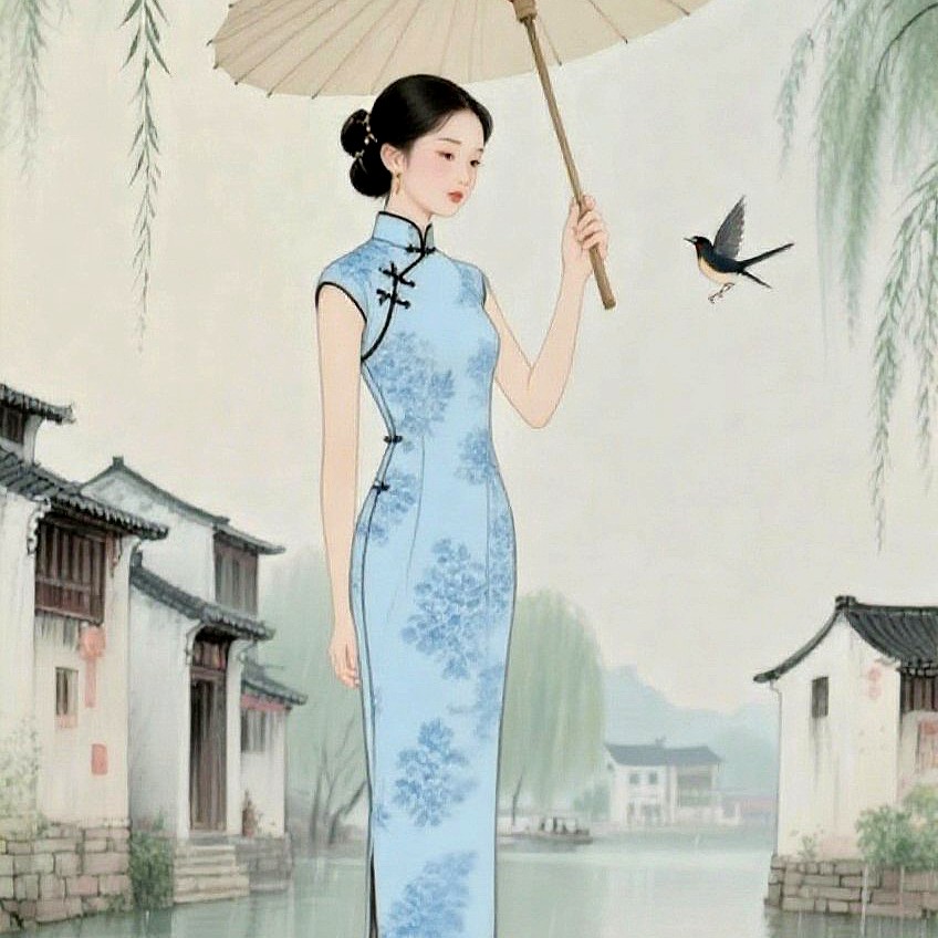 新中式斜襟显瘦旗袍春夏日常蝴蝶扣风景 贤美