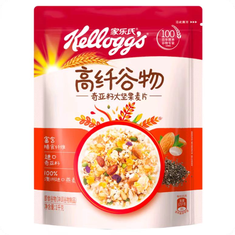 【保质期至2025-5-31】家乐氏高纤谷物奇亚籽大坚果麦片1kg*1袋