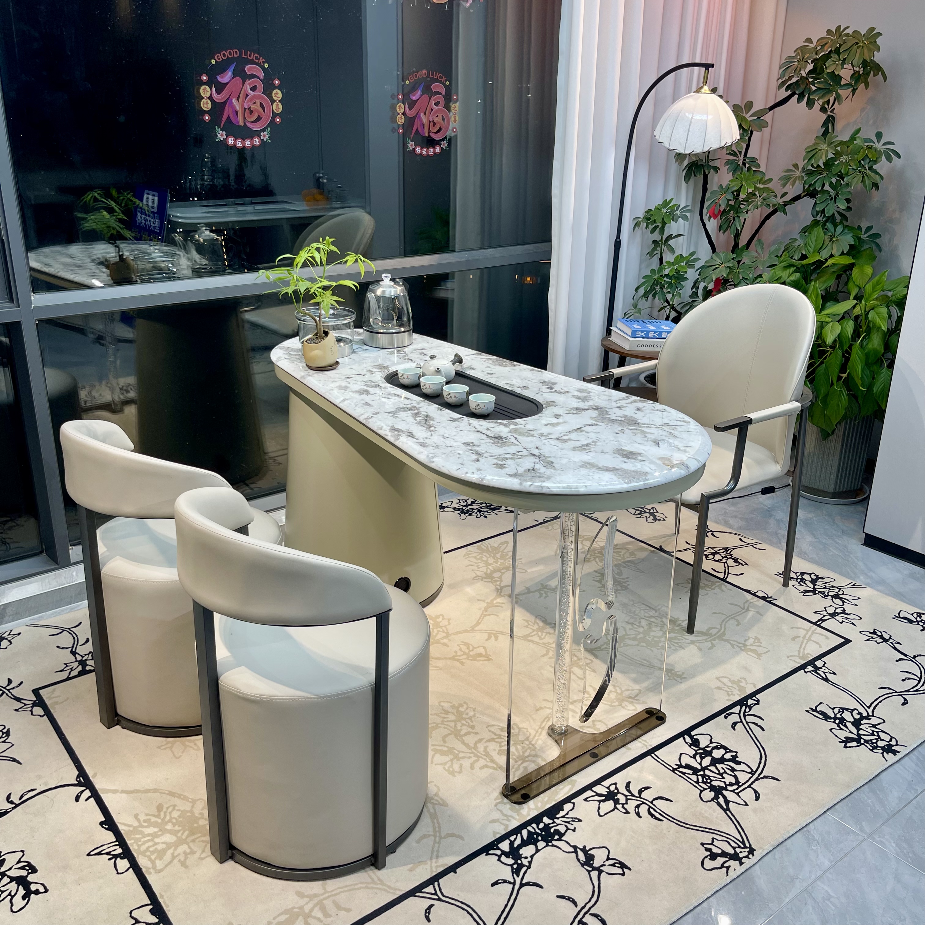 意式极简轻奢简约风家用客厅阳台亚克力茶桌超晶石泡茶桌茶桌椅