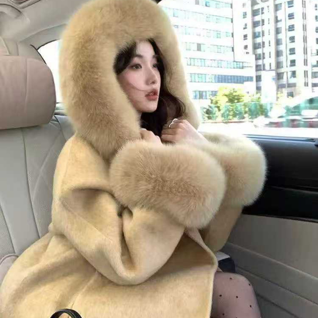 里拉歌剧院/狐狸毛连帽网红羊毛双面呢大衣女高级感皮草毛呢外套