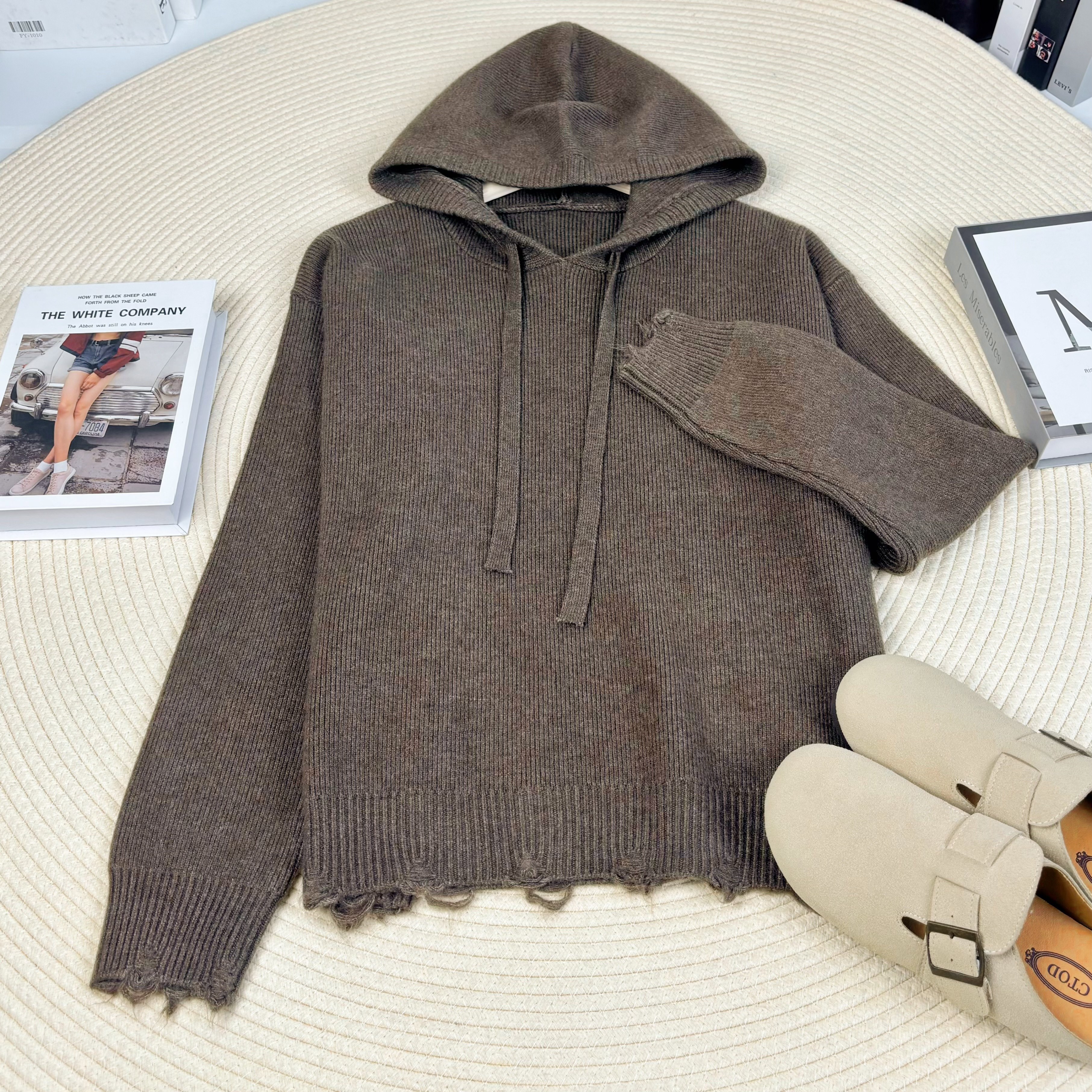 玲姐定制-连帽抽绳做旧风爱心笑脸图案休闲针织毛衣Q75 299028