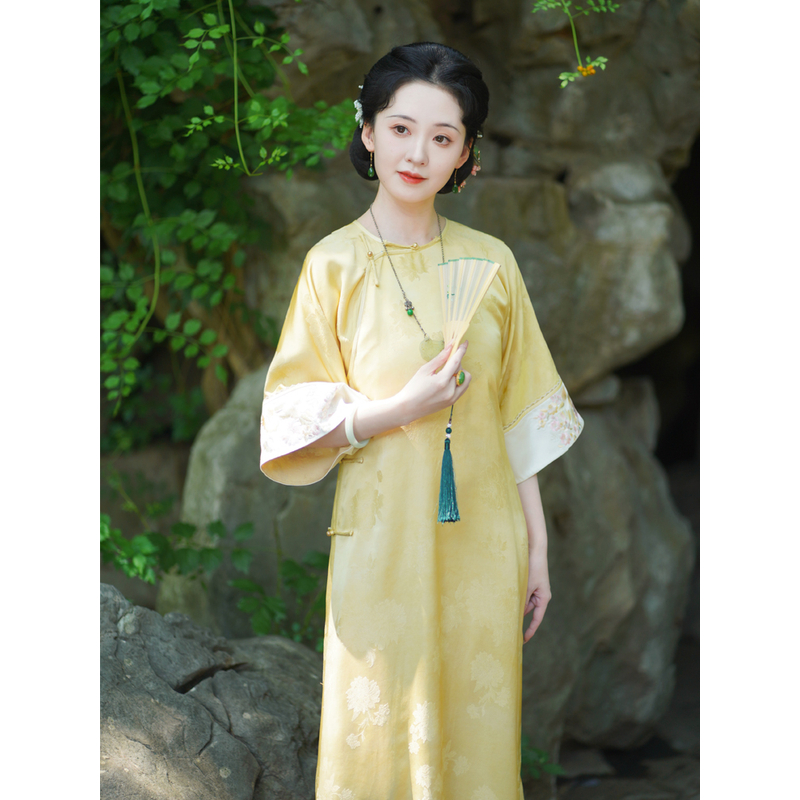 杏喜｜无领倒大袖古法宽松中式平裁旗袍连衣裙重工刺绣长款袍子