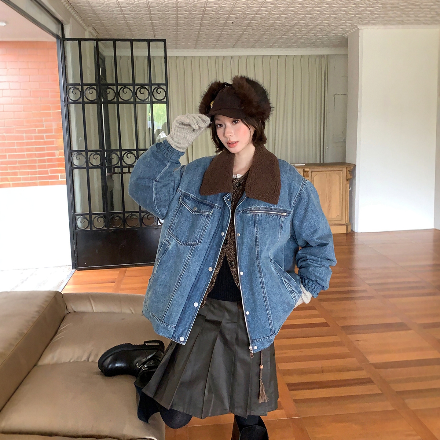 AndAnything复古水牛仔拼接羊羔毛外套休闲 GoGoBuyer DY5A37020