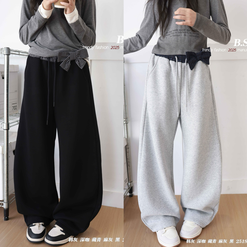 女大童藏蓝色加绒针织直筒裤25196女秋冬宽松显瘦弯刀休闲阔腿裤