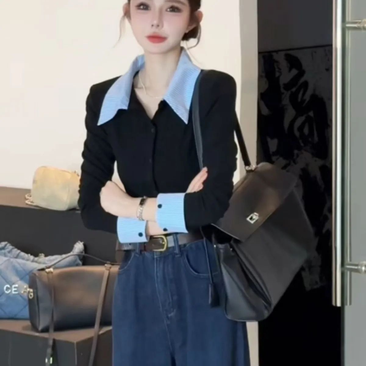撞色Polo领拼色衬衫假两件打底衫女2025春秋新款修身显瘦长袖上衣