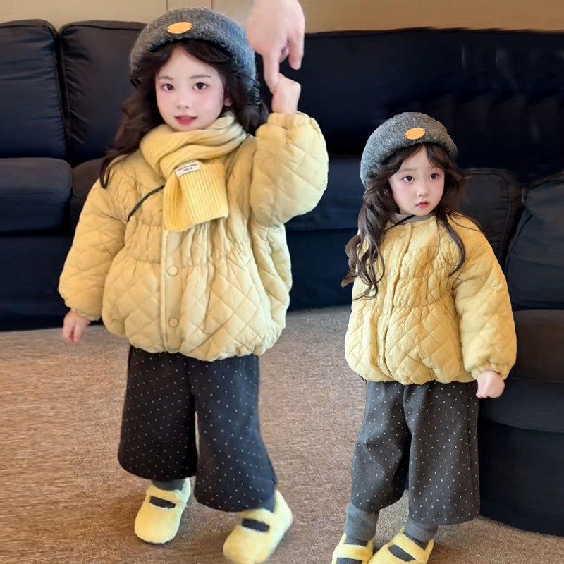 女童棉服冬装2025新款洋气儿童加厚夹棉菱形格外套女孩冬季棉衣潮