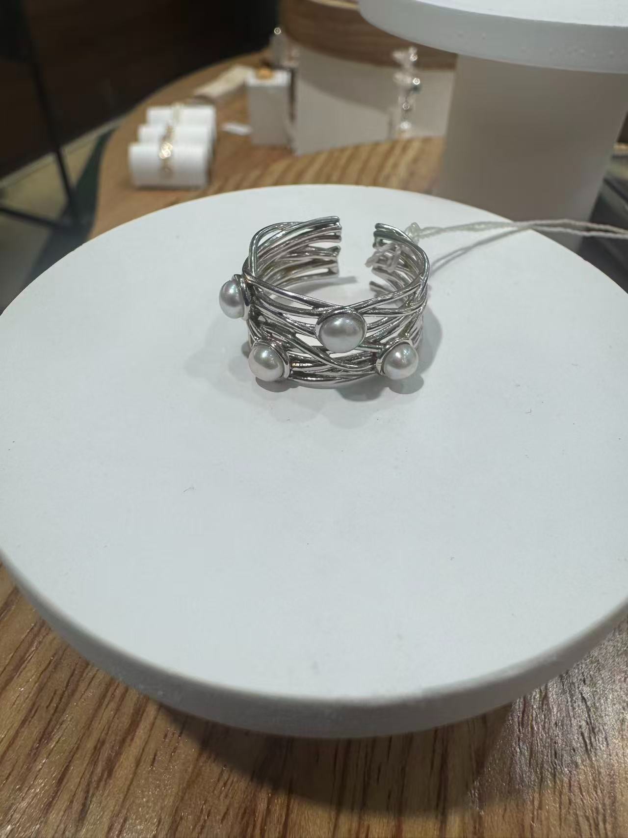 925银戒指 S925银几何多层线绕珠珠戒指