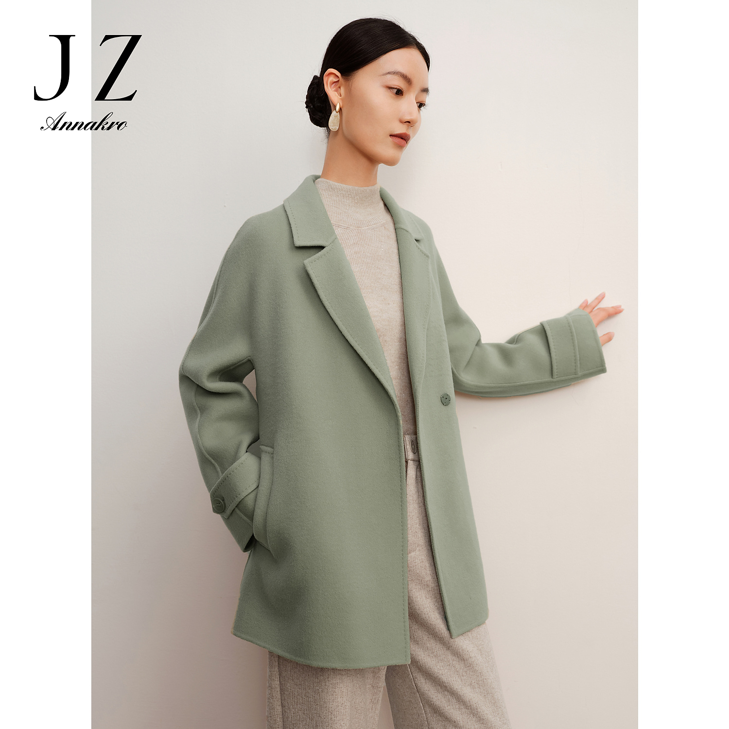 【辛小北专属】玖姿安娜蔻JTDD72517系带落肩双面呢一手长大衣女冬